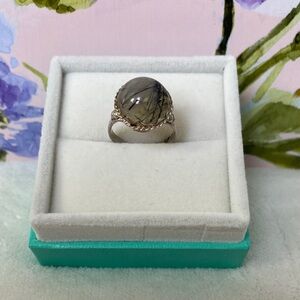 Hand Crafted Gray Rutilated Quartz Cabochon 925 Silver
